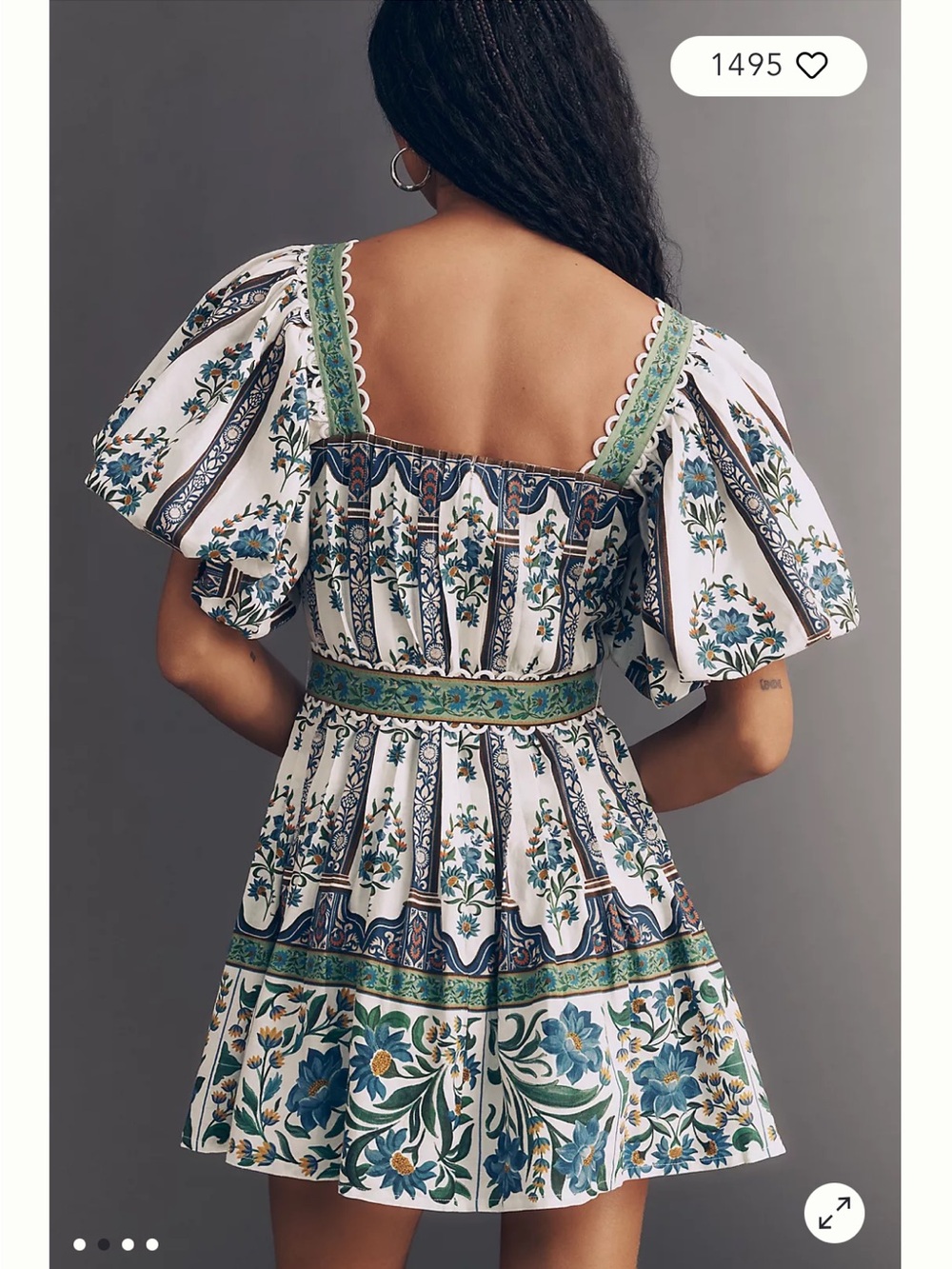 FARM Rio White Mandela Floral Puff-Sleeve Mini Dress with Blue and Green Print - Picture 2 of 7